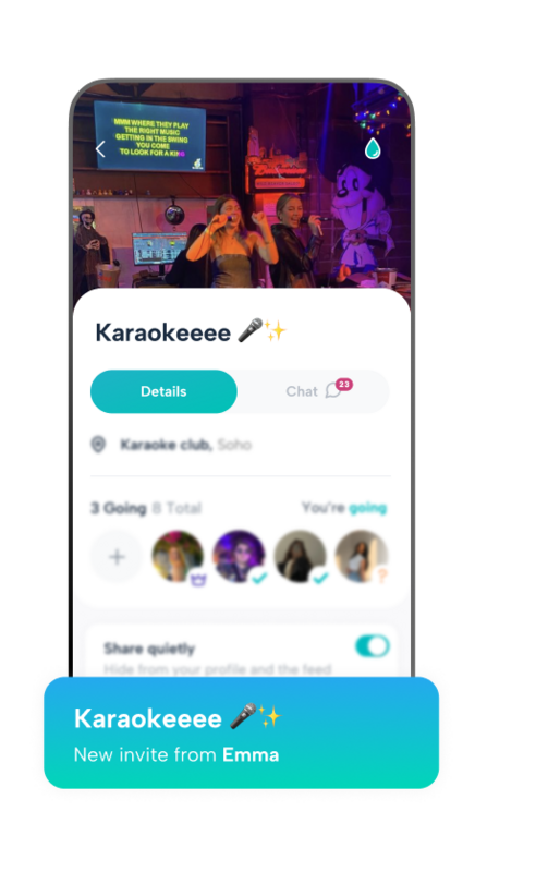 Howbout event plan page with a custom photo header, integrated RSVP tracker showing guest status, and a centralized dashboard for location, time, and group notes.